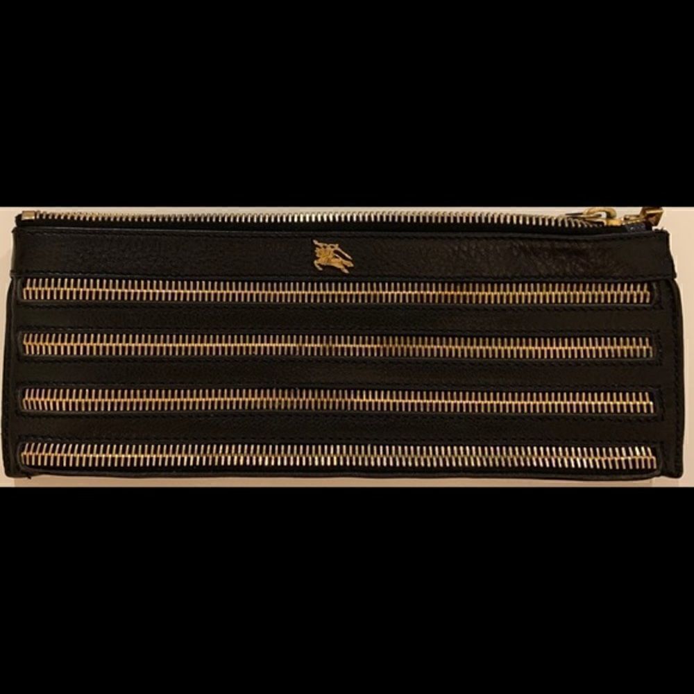Burberry Black Leather Clutch w Gold Zippere